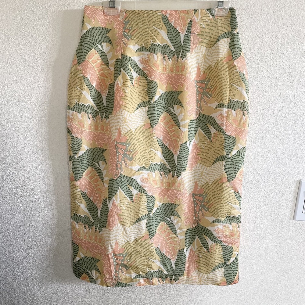 Vintage 100% Silk‎ High Waist Straight Skirt S Pastel Hawaiian Palm Print Boho